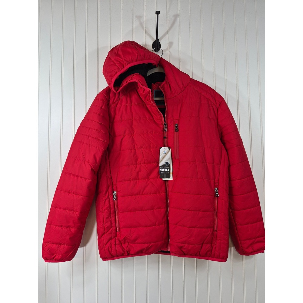 NEW Spire Mens Red Sherpa Lined Puffer Jacket Hooded Water Resistant Medium